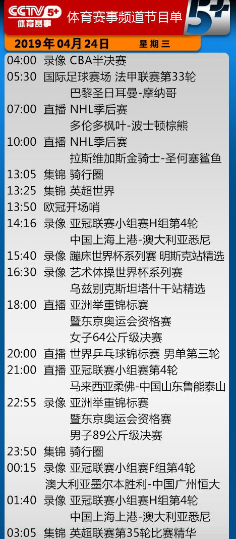 今日央视节目单 CCTV5转马刺PK掘金+国安VS武里南 5+转鲁能战柔佛