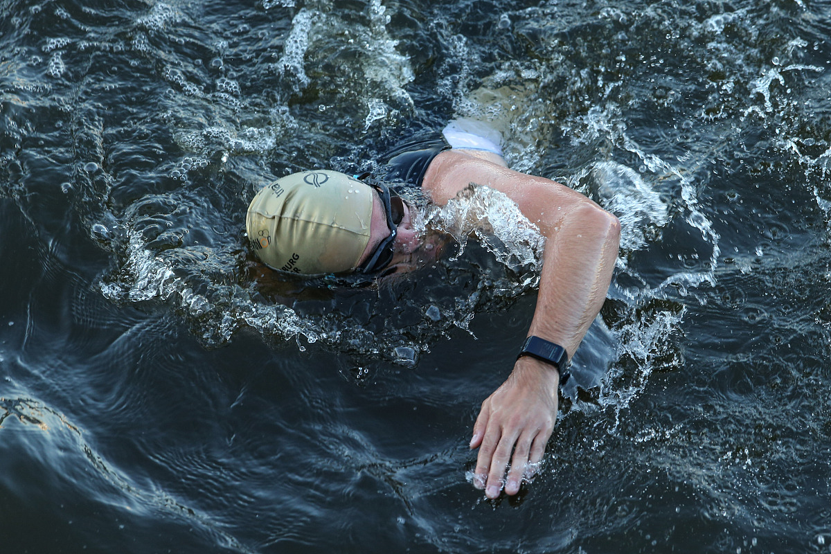 hamburg, germany - july 15:  athletes perform in the swim leg of