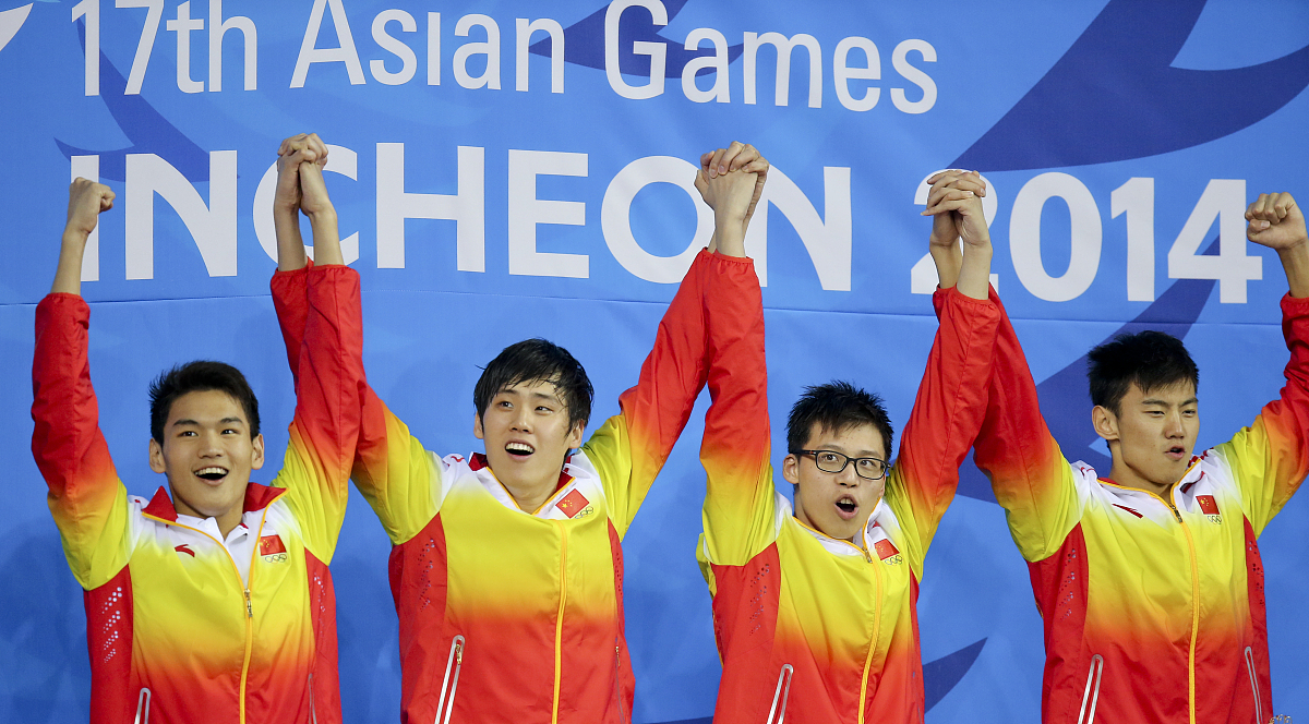 2014年9月26日,韩国仁川,2014仁川亚运会第7日男子4x100混合泳接力决