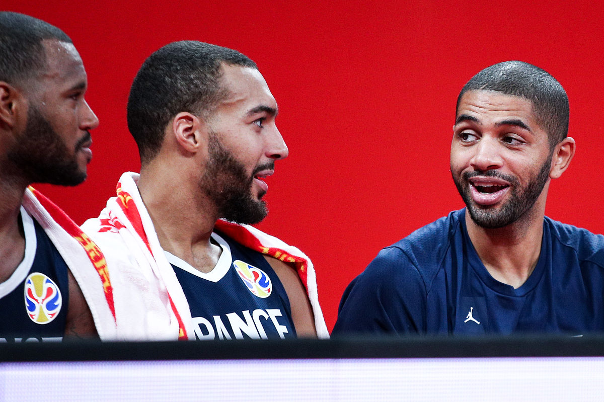 shenzhen, china - september 03: #5 nicolas batum(r), #27 rudy go