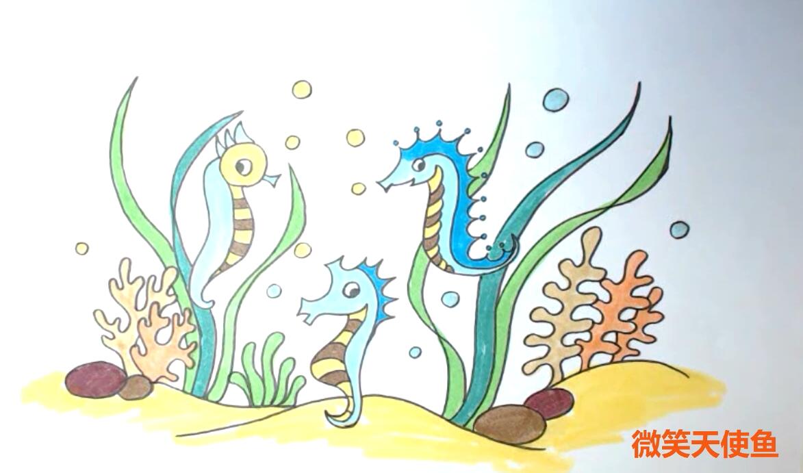 鱼儿教你画:简笔画三只可爱的小海马