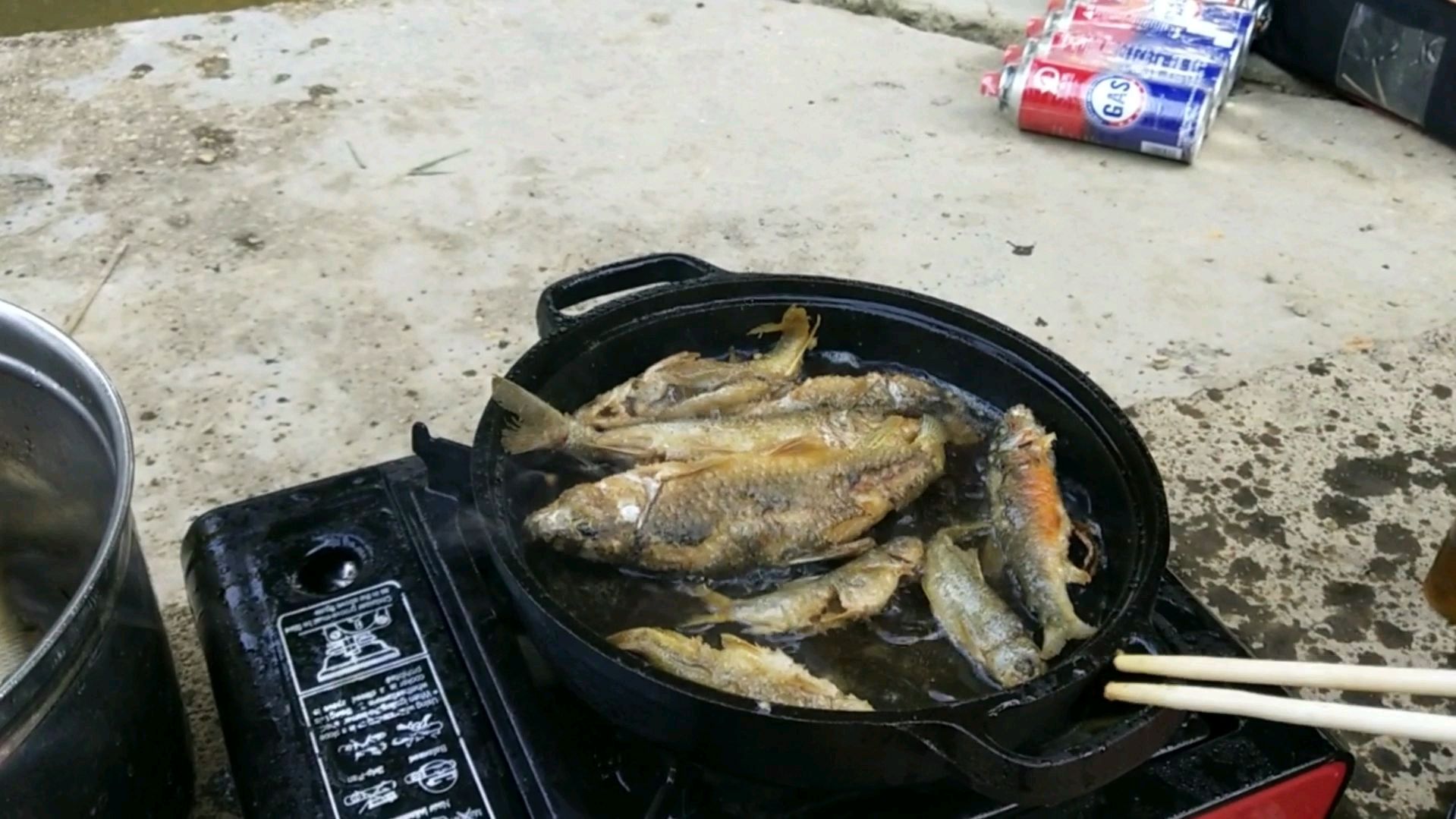 广西昭平小溪边煎了刚钓的野生石斑鱼,小桥流水风景如画太惬意了