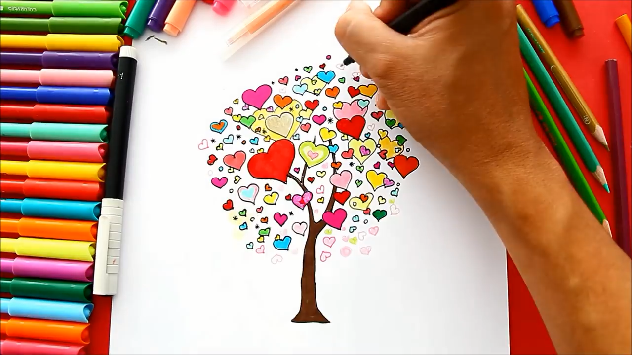 幼儿早教画画,怎么用简单心形图案堆叠勾画一幅漂亮爱心许愿树图