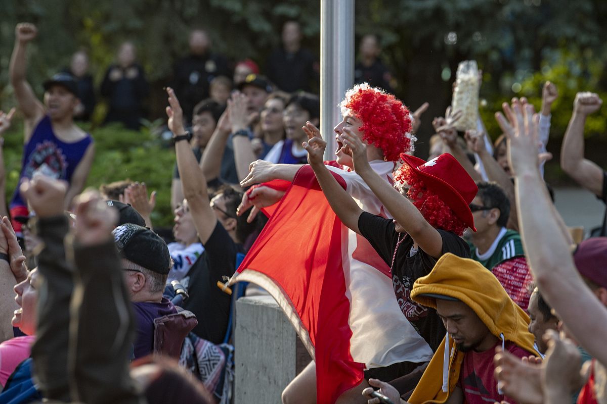 nolan guttormson cheers at the jurasask park viewing party at th