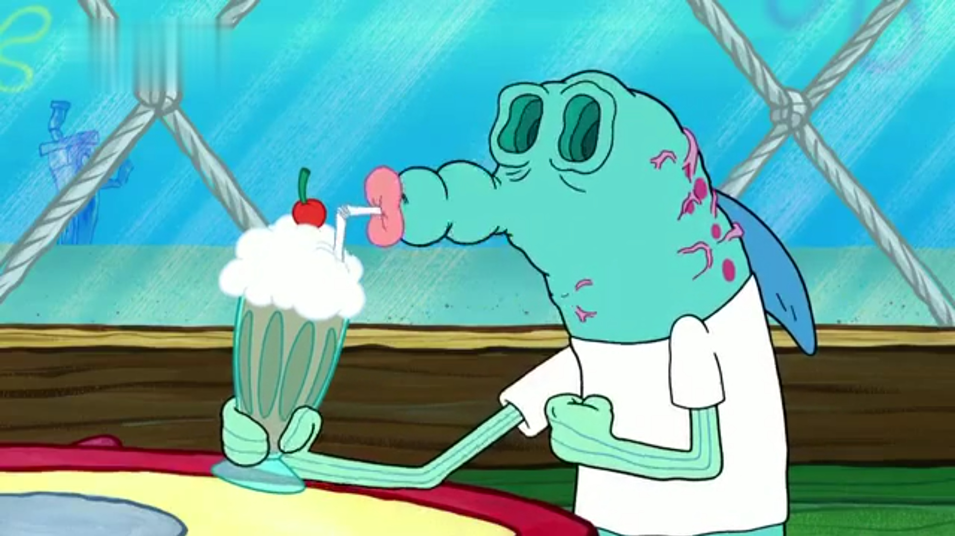 海绵宝宝做的奶昔太奇葩,顾客喝奶昔差点把眼珠顺出来