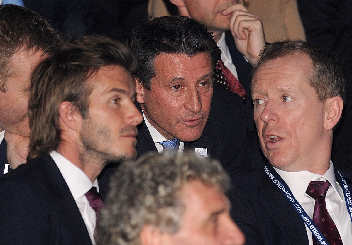 david beckham (left) and lord sebastian coe (centre) at the anno