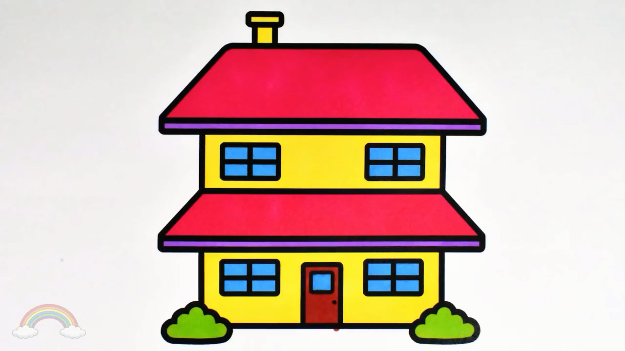 幼儿房子简笔画,水彩笔画一座简笔画三层小别墅和色彩搭配方法