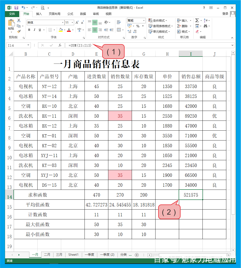 Excel 2013中的常用函数自动求和平均值函数等