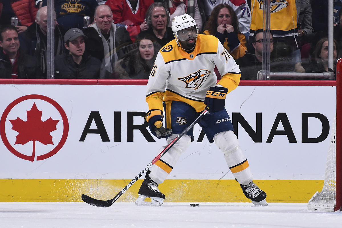 montreal, qc - february 10:  p.k. subban #76 of the nashville pr