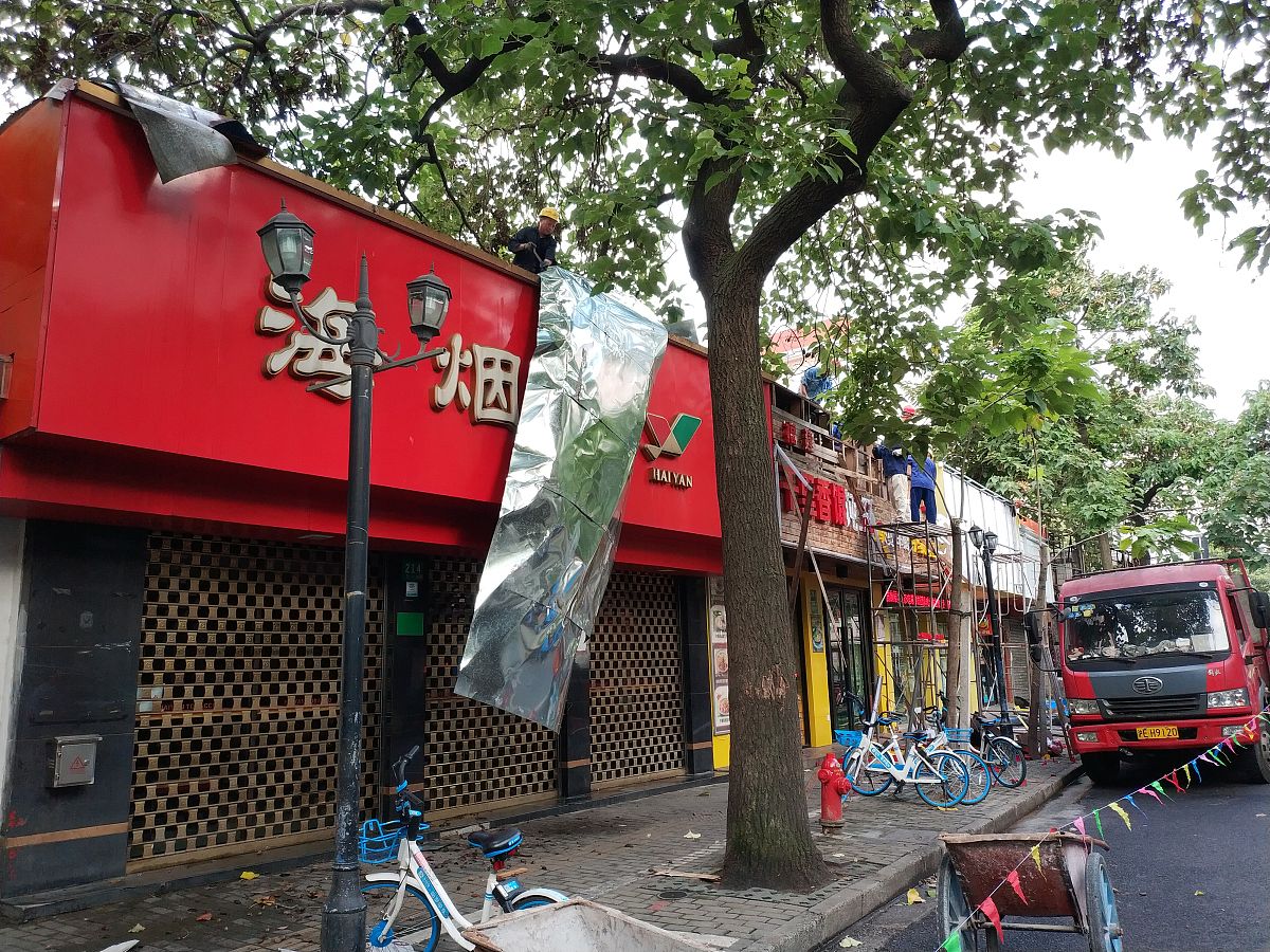 2019年8月9日,为了确保台风季节的行人安全,上海普陀区正抓紧时间清除