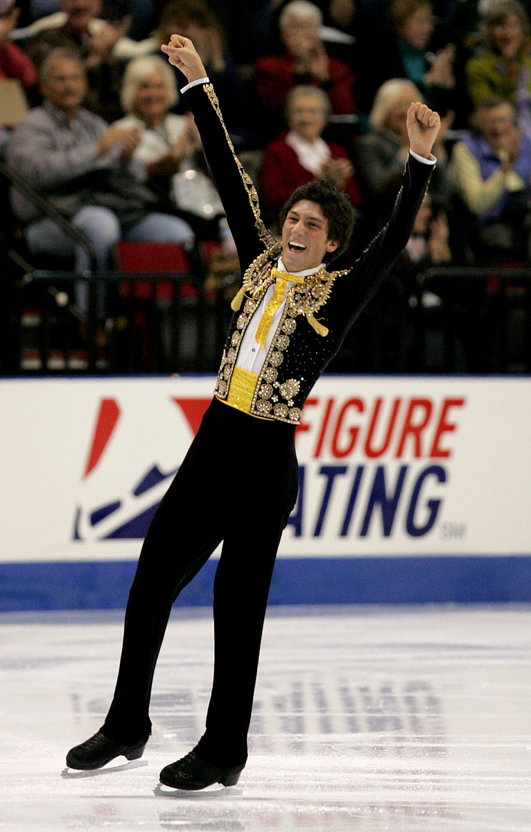 portland, or - january 13:  evan lysacek reacts at the end of hi