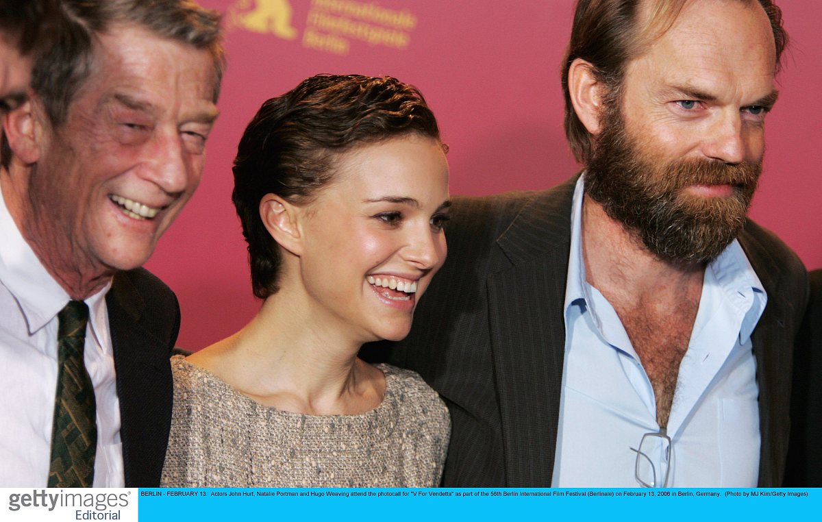 berlin - february 13:  actors john hurt, natalie portman and hug