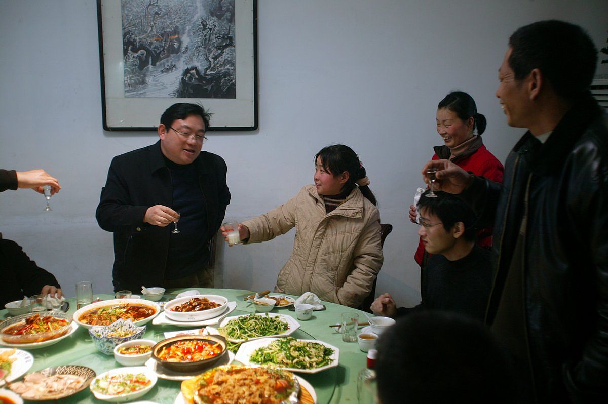 2008年,安徽阜阳,楠楠和当地官员同席进餐.