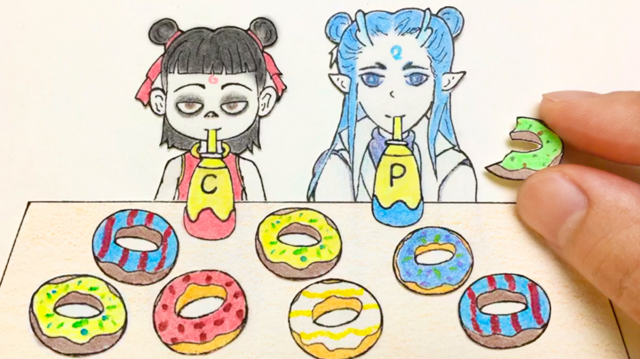 手绘定格动画:哪吒敖丙,为他们准备了很多甜甜圈,你一个我一个