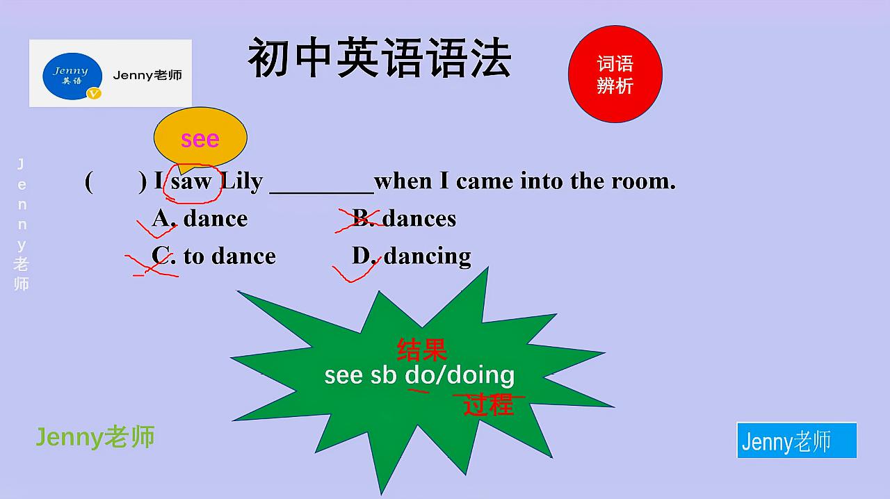 [图]Jenny老师初中英语课 看见某人在跳舞,用dance还是dancing?