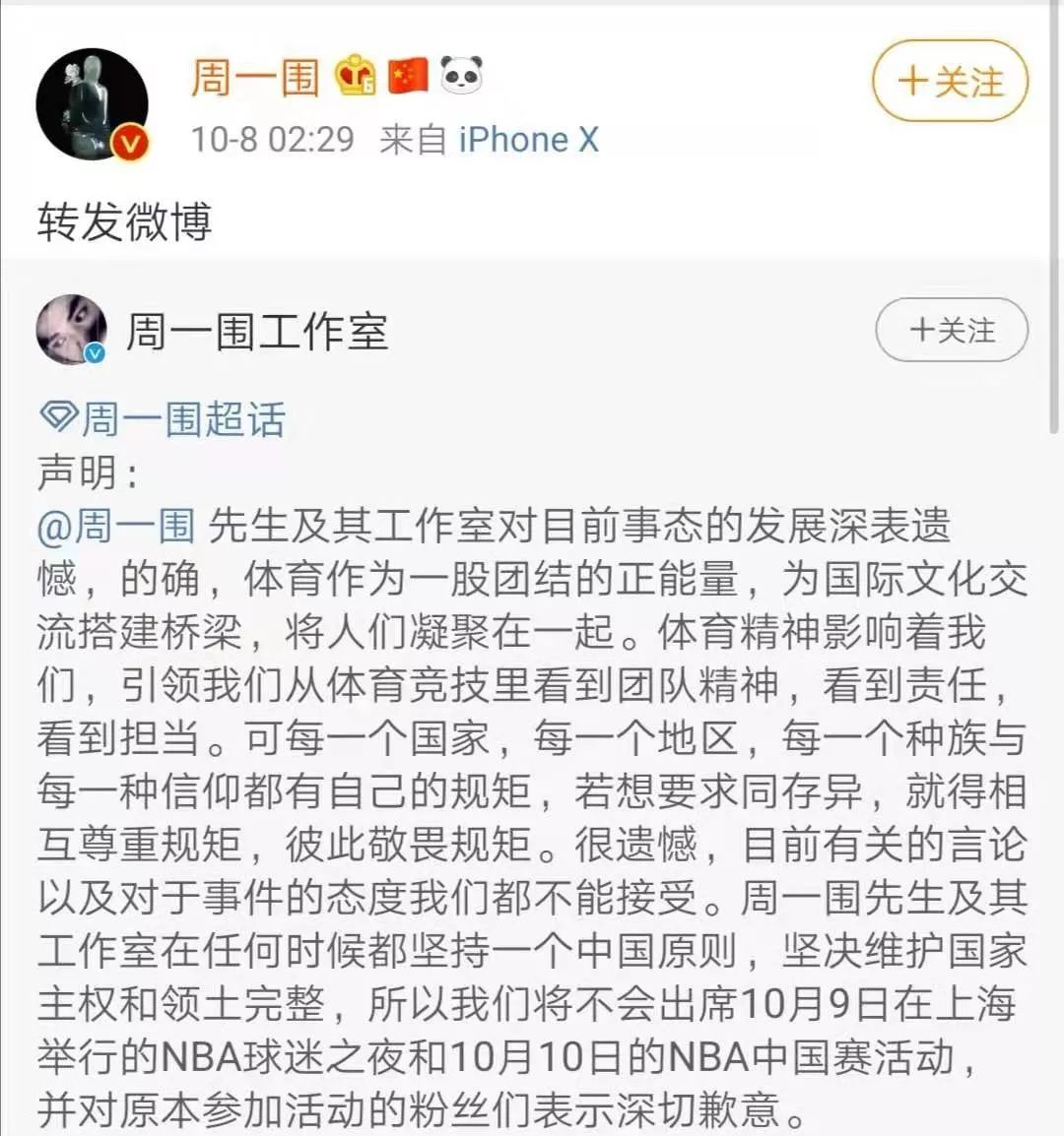 NBA總裁發言支援莫雷表達權利,凌晨多位明星表態:退出NBA中國賽!