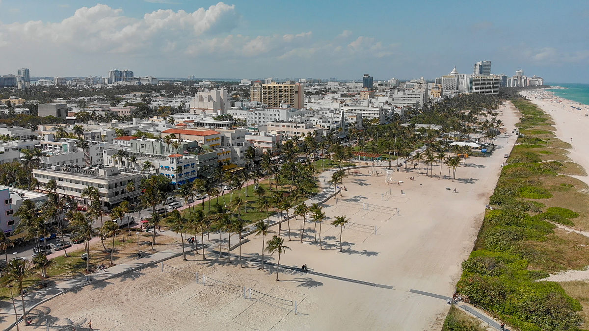 aerial view of miami beach skyline and coastline on a sunny day,