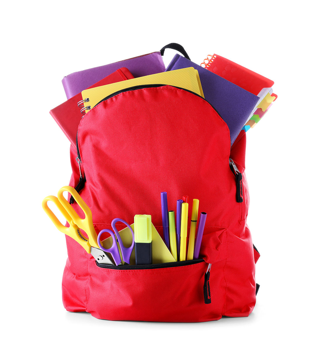 backpack with school supplies on white background