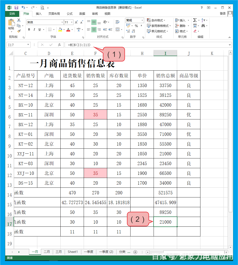 Excel 2013中的常用函数自动求和平均值函数等