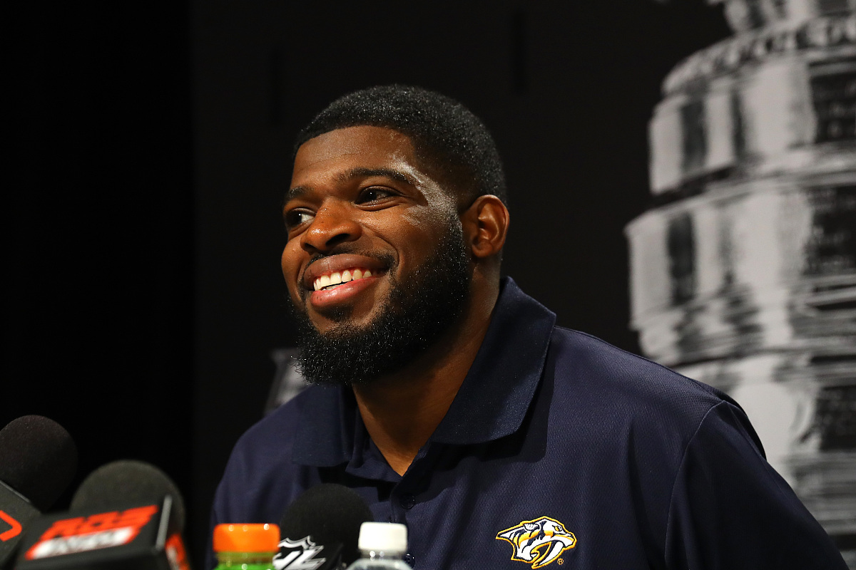 subban #76 of the nashville <strong>p</strong>redators answers questions during