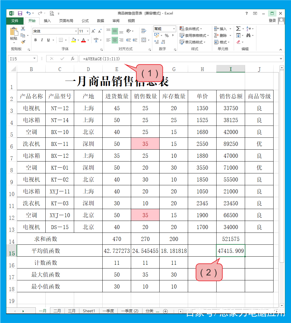Excel 2013中的常用函数自动求和平均值函数等