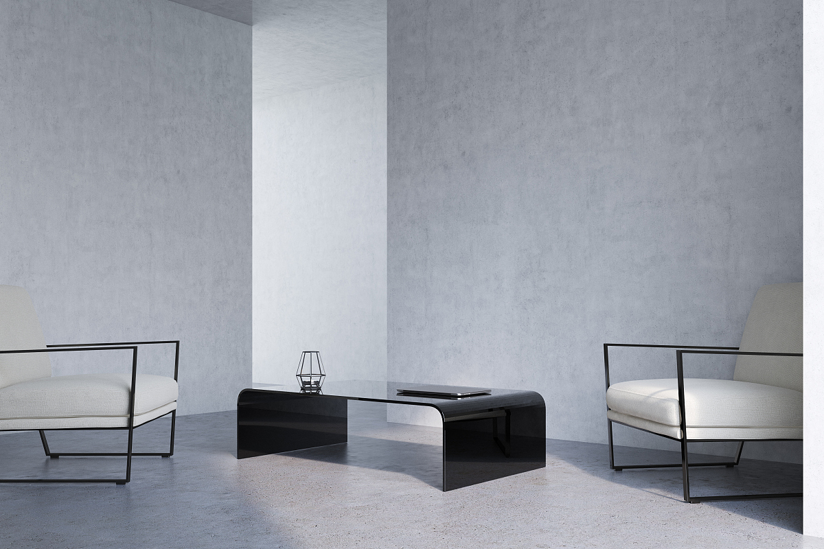 concrete living room, armchairs, corner