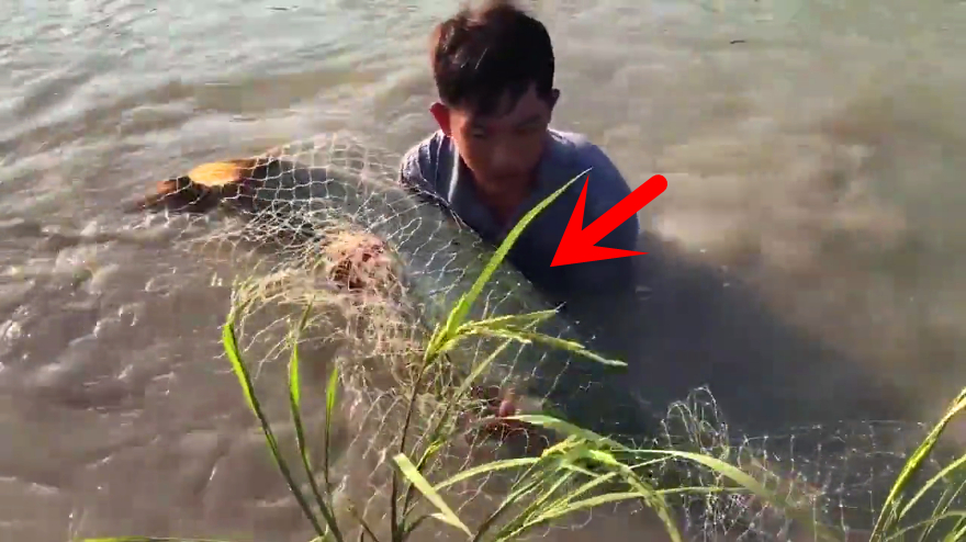 男子撒网捕鱼,拉网瞬间发现不对,赶紧跳下河抱住大鱼!