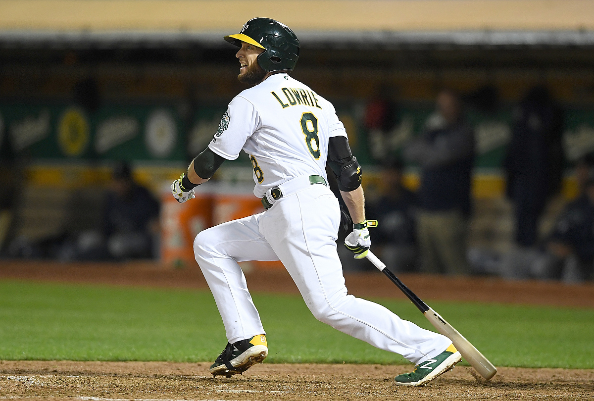 oakland, ca - august 30:  jed lowrie #8 of the oakland athletics