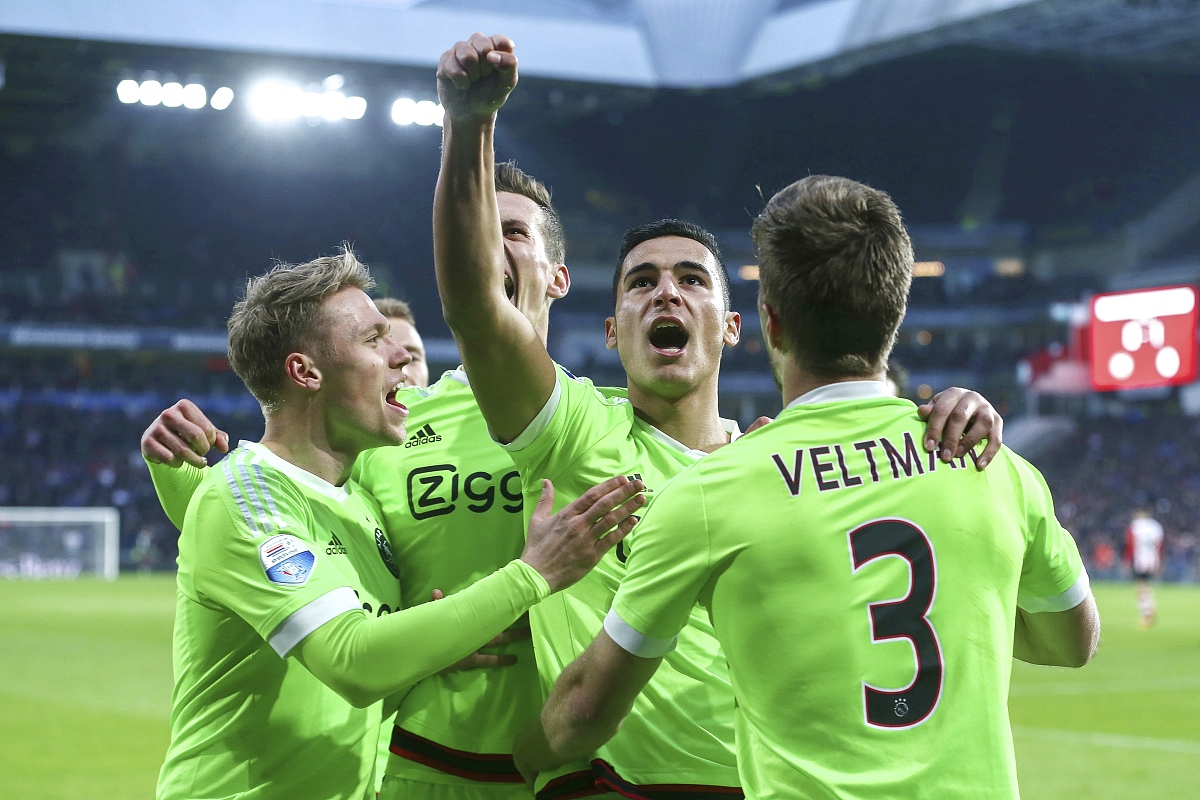 (l-r) viktor fischer of ajax, arek milik of ajax, anwar el ghazi
