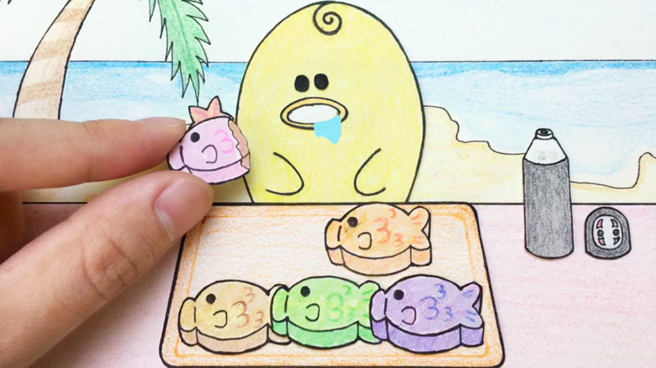 手绘定格动画:小蜜鸭看海回来,看到一桌子鲷鱼烧,口水都流出来