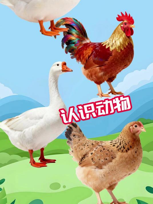 认识家禽动物:公鸡,大白鹅,母鸡和鸭子