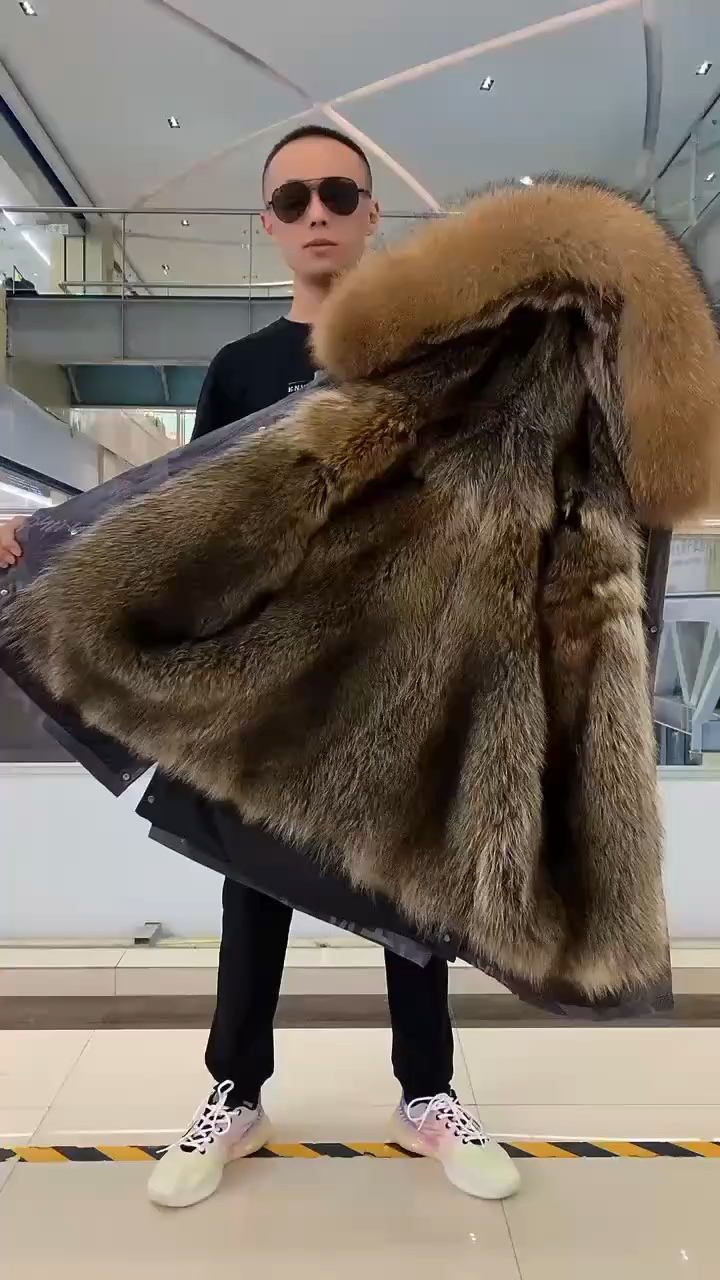 男士中长款皮草派克服,美洲貉内胆