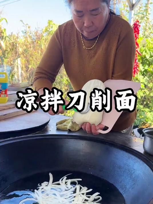 看看俺老婆婆在家做的凉拌刀削面这小味太哇塞了!