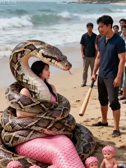 海滩上巨蟒缠美人鱼男子挥棍解救这奇幻画面看得人目瞪口呆