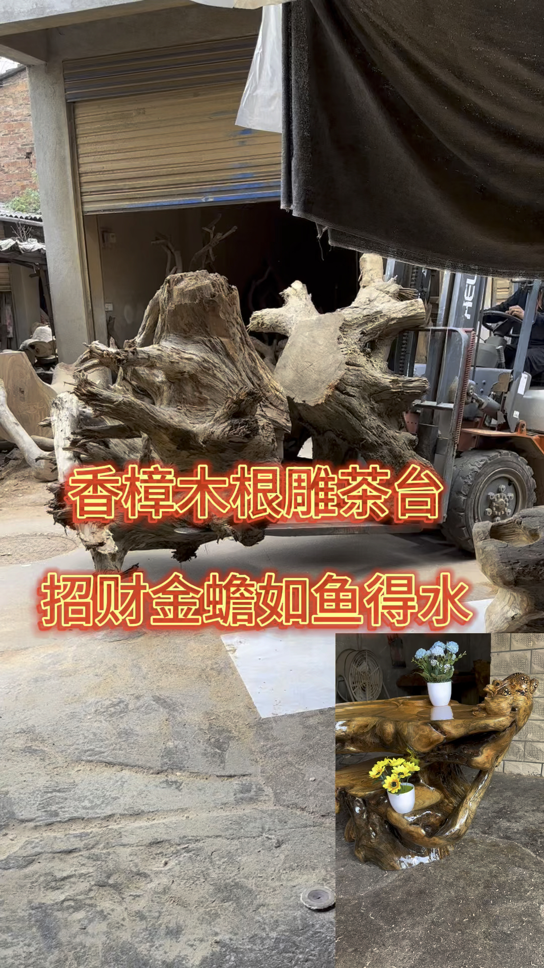 香樟木根雕茶台,招财金蟾,如鱼得水