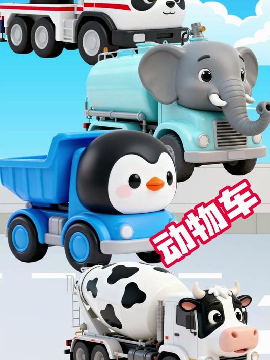 动物车匹配:熊猫吊车,大象洒水车,企鹅翻斗车和奶牛搅拌车