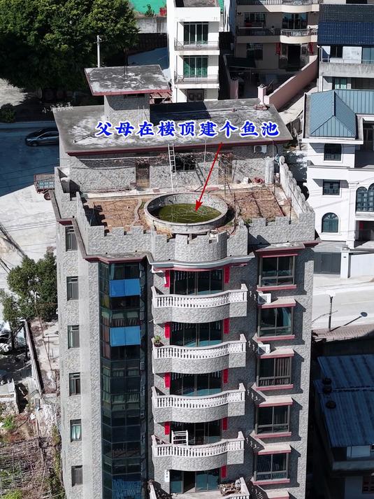 明明楼下有空地,父母非要在楼顶建个鱼池,糊涂啊