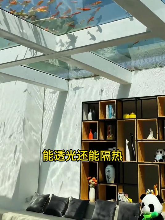 自建房用玻璃封顶,上面做鱼池养鱼,这不比木工吊的顶好看