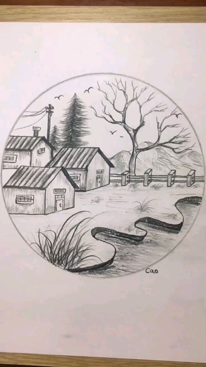素描简笔画:教大家画小河边的风景