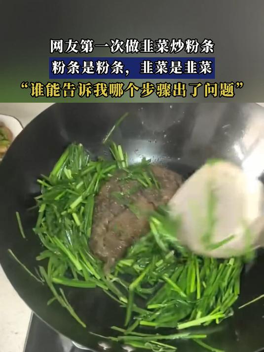 网友第一次做韭菜炒粉条,粉条是粉条,韭菜是韭菜