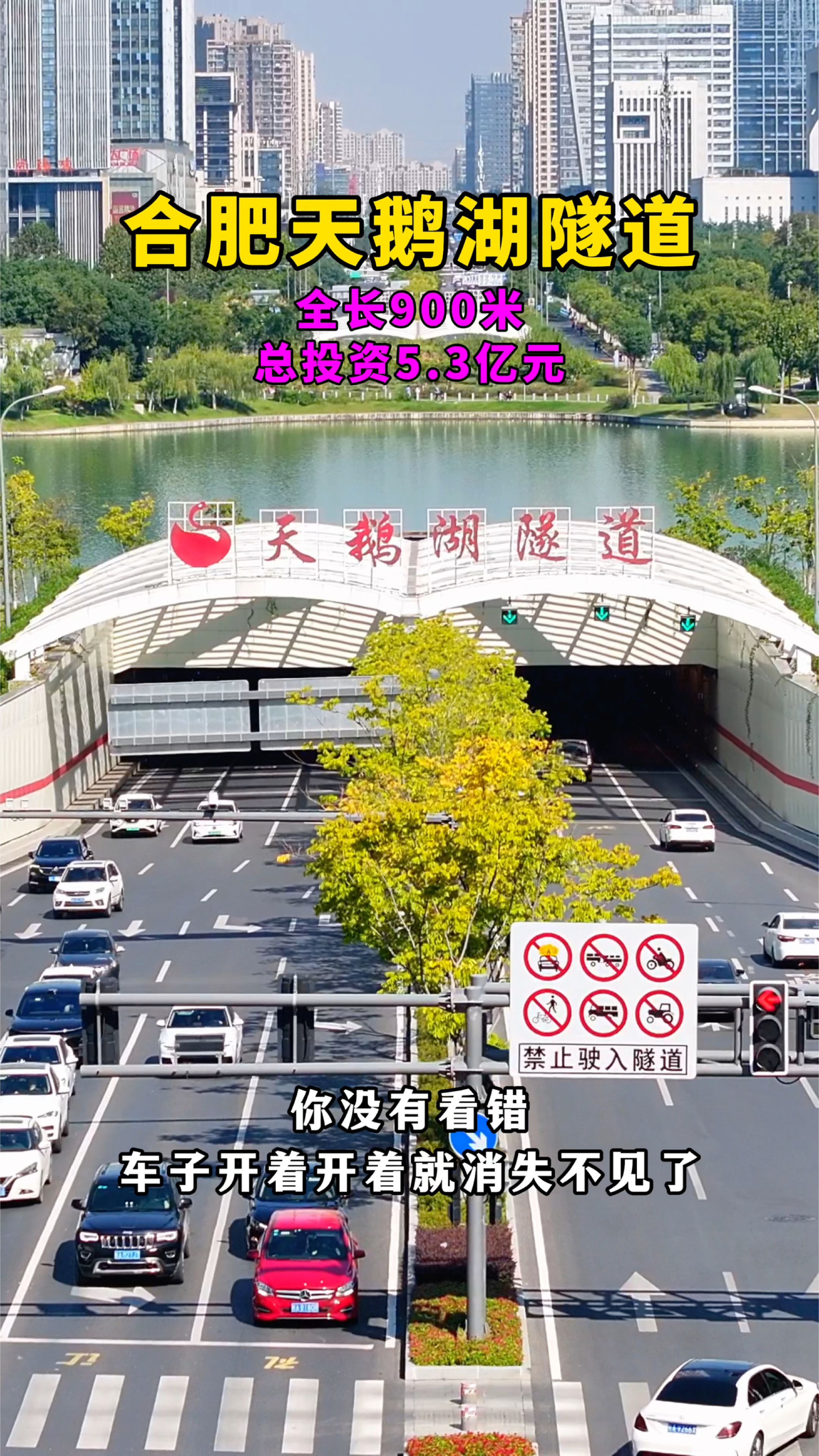 车子开着开着就消失不见了,这里是位于安徽合肥的天鹅湖隧道,不到一分钟就能到达对岸