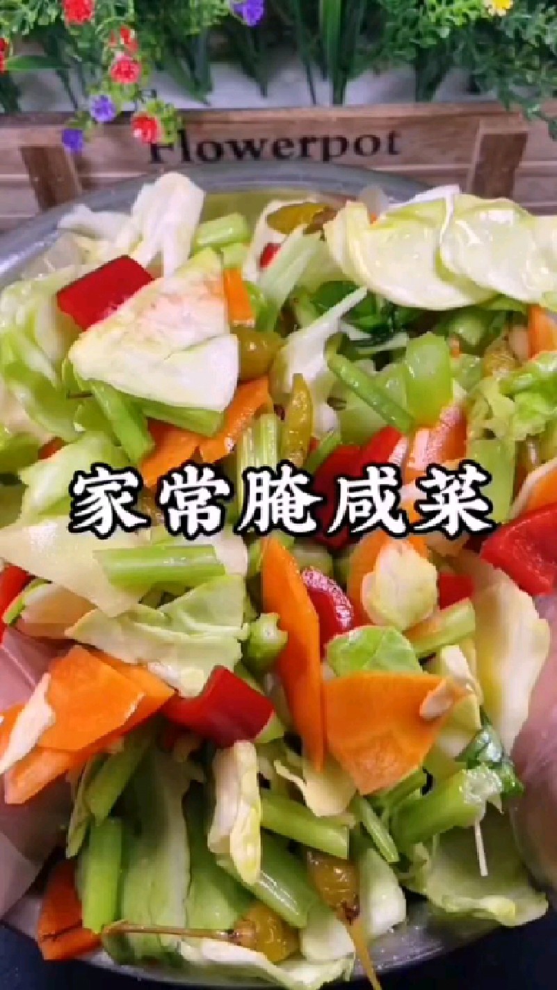在家用大头菜、芹菜、胡萝卜、辣椒腌制的小咸菜