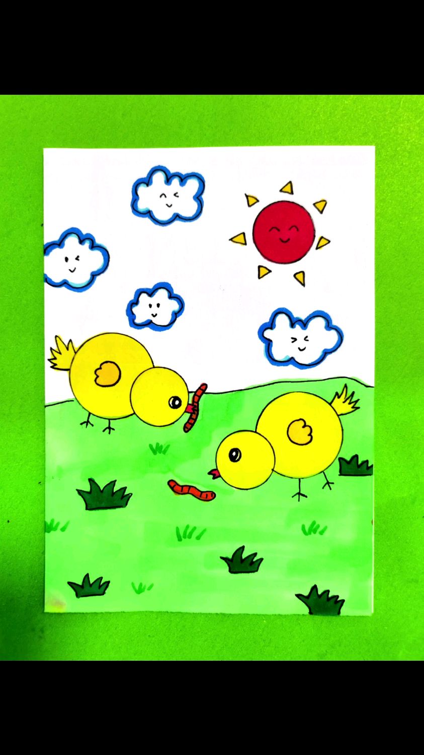 用圆形画可爱的小鸡吃米 ,圆形创意画,小鸡简笔画,儿童简笔画
