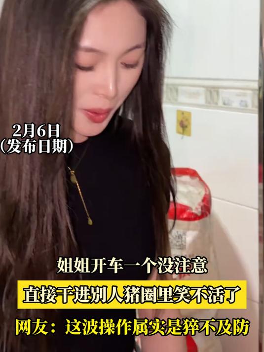 姐姐开车一个没注意，直接干进别人猪圈里笑不活了