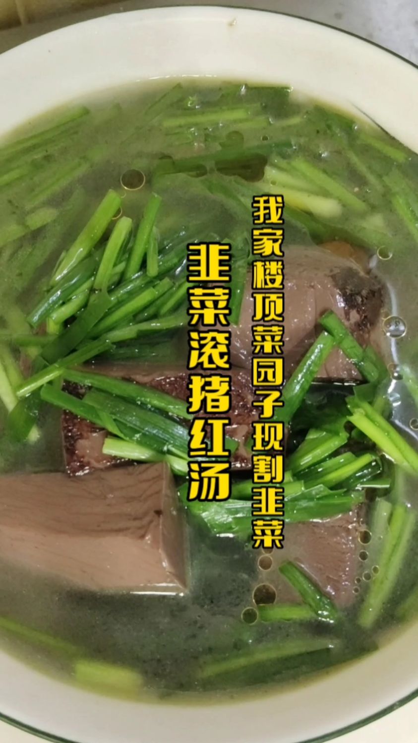 家有老公的可以试试,楼顶菜园子现割韭菜滚猪红汤,男人不离韭,女人不离藕,做法简单