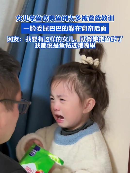 女儿拿鱼食喂鱼倒太多被爸爸教训,一脸委屈巴巴的躲在窗帘后面