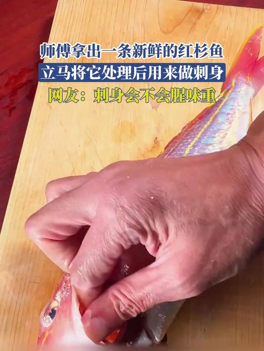 师傅拿出一条新鲜的红杉鱼,立马将它处理后用来做刺身