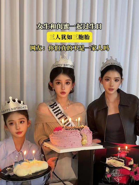 女生和闺蜜一起过生日,三人犹如三胞胎