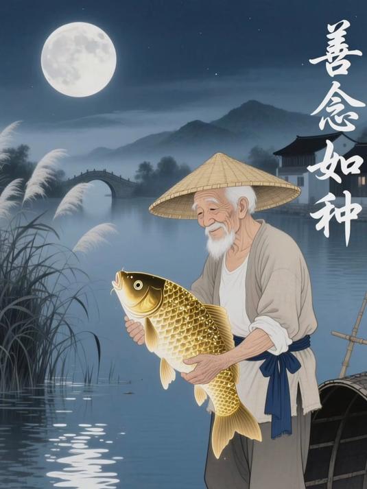 民间奇趣:渔翁夜钓钓上金色鲤鱼放生后得赠宝珠