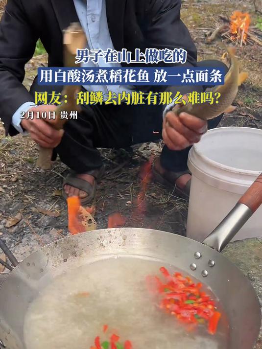 男子在山上做吃的,用白酸汤煮稻花鱼,放一点面条,网友:刮鳞去内脏有那么难吗?#万万没想到#
